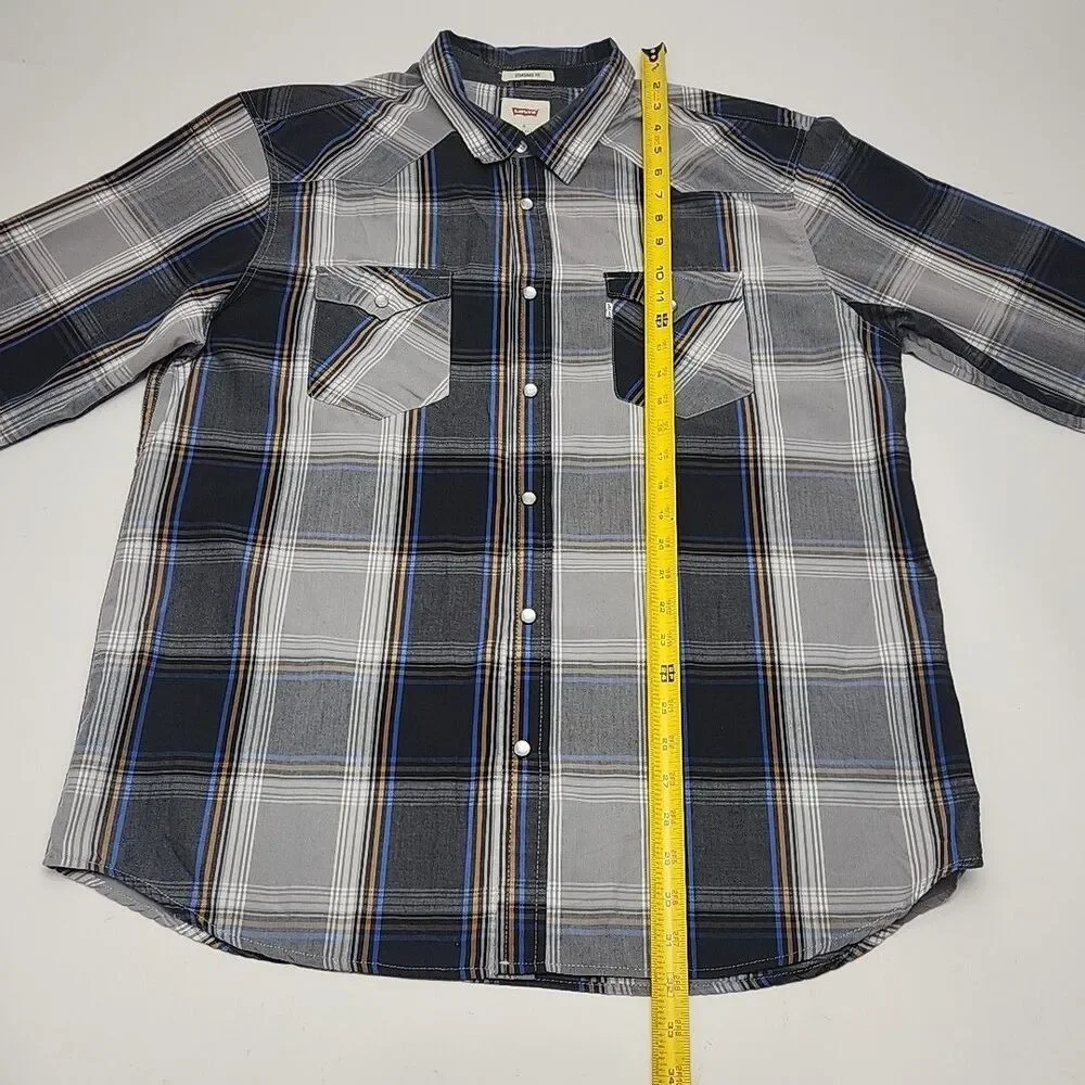 Levi's Shirt Western Cotton Pearl Snap Blue Gray Plaid Men Sz XL Standard Fit